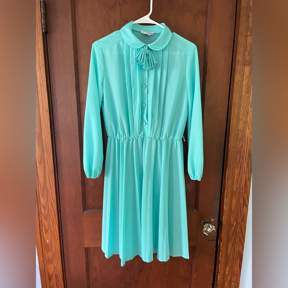 VINTAGE JERRIE LURIE 70S M/L TEAL PETER PAN COLLAR DRESS POLYESTER